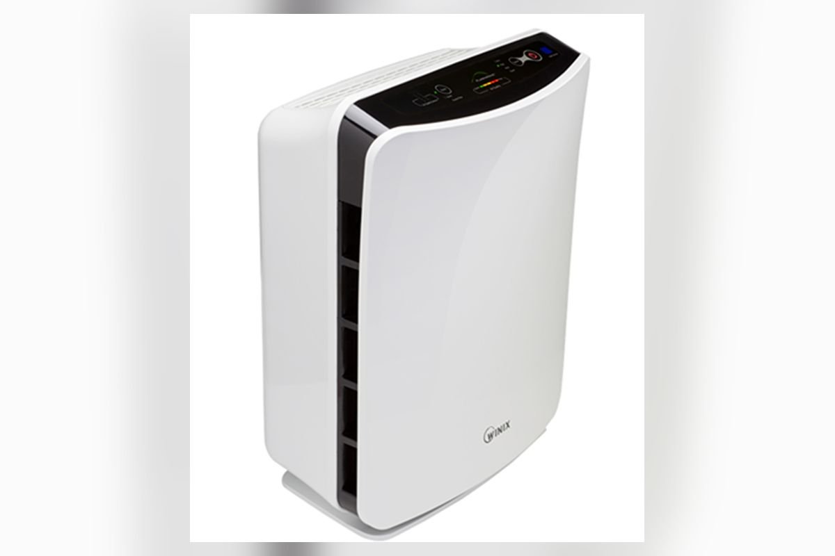 White and gray panel-style HEPA air purifier (representative photo, not the exact product)