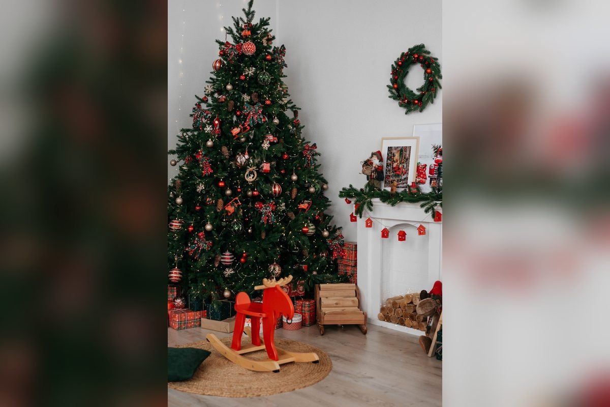Full green Christmas tree with red ornaments next to a white mantel and wreath in a bright living room (representative photo, not the exact product)