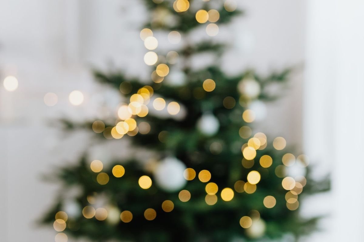 Small Christmas tree with warm white lights in a bright white room (representative photo, not the exact product)