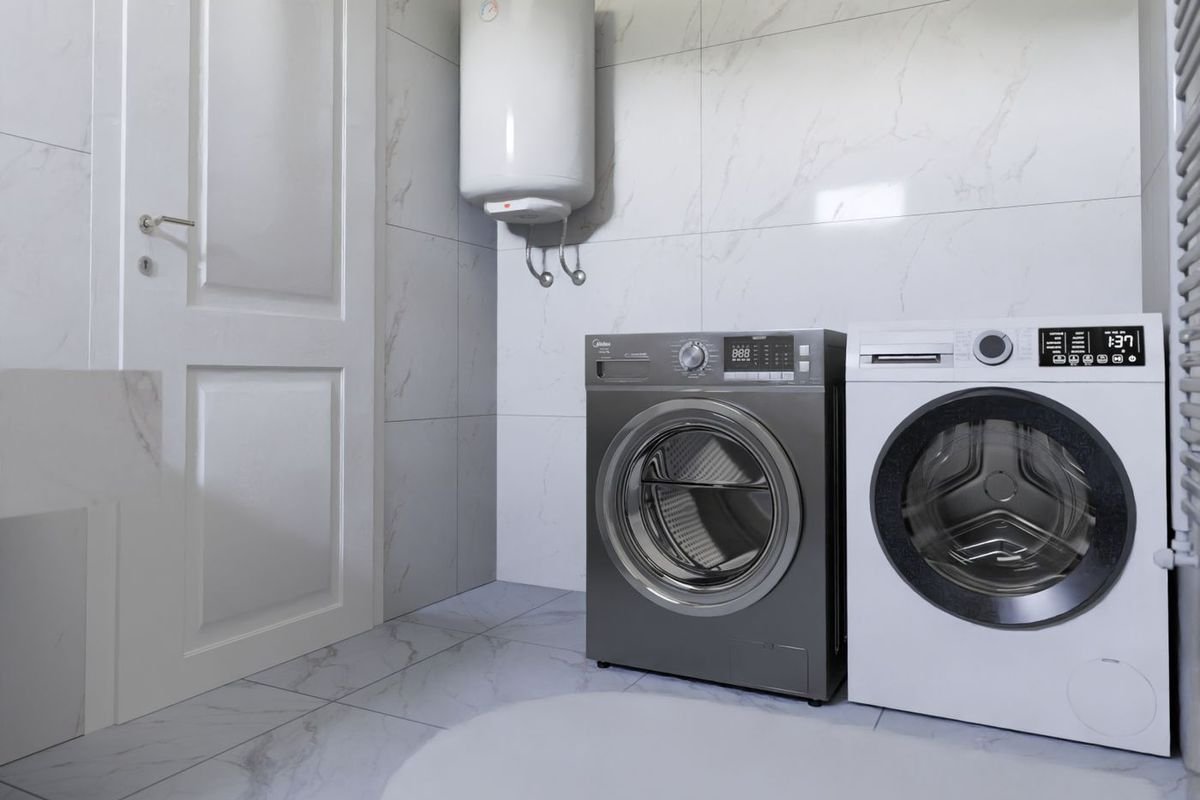 Modern laundry room with a washer, dryer and water heater
