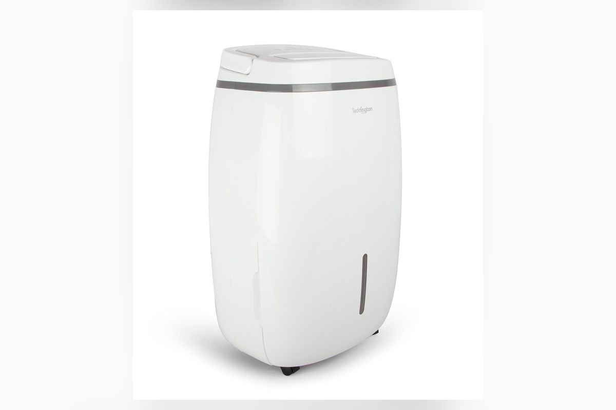Tall white portable dehumidifier (representative photo, not the exact product)